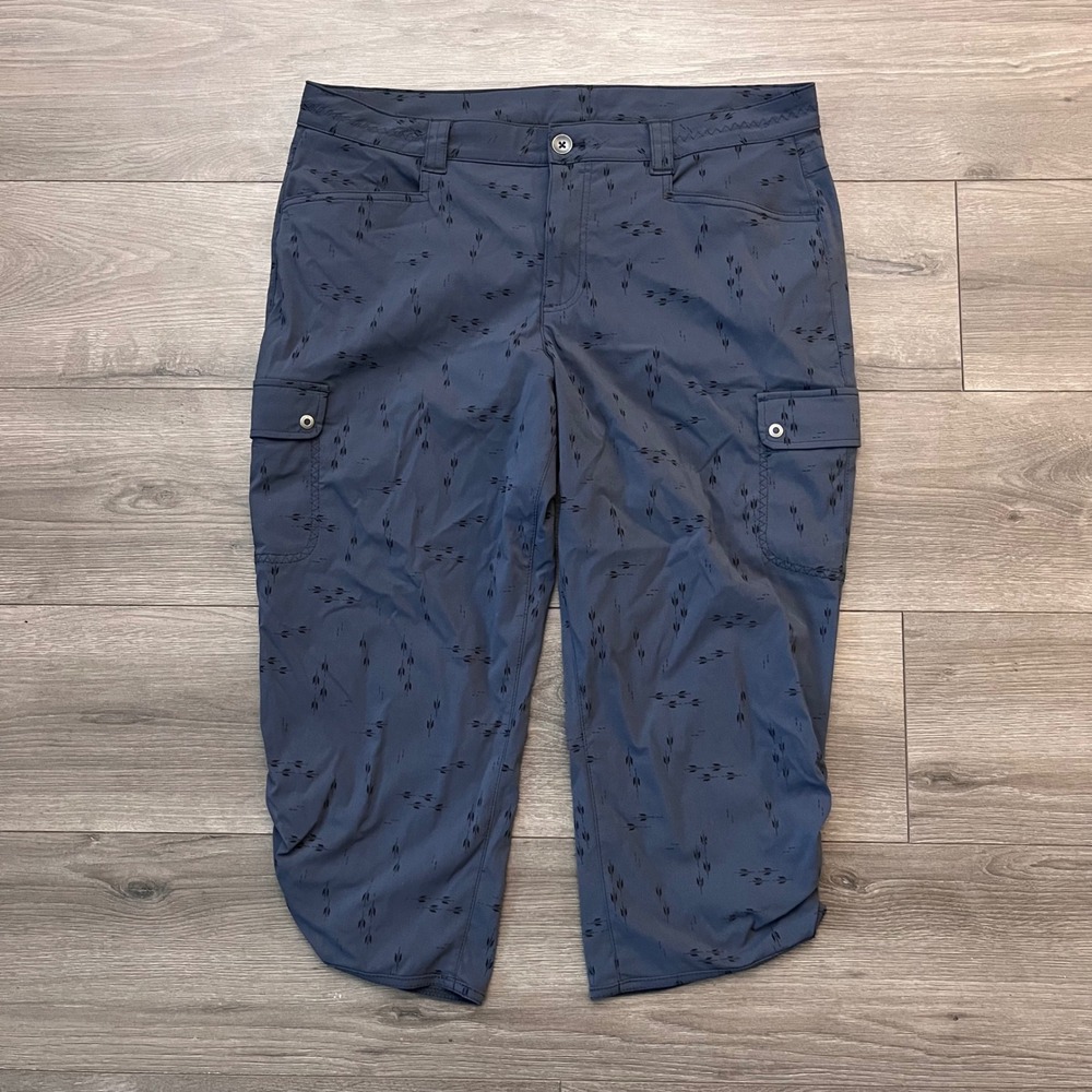 Eddie Bauer Travex Women 14 Blue Printed Cargo Capri Pants Ruched Hiking Travel
